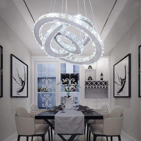 Stunning Modern Crystal LED Chandelier with 3 Rings Cold White| Ceiling Adjustable Stainless Steel Pendant Fixture For Bedroom/Living Room/Dining Room By Eagles|Patriots|Steeelrs Gear