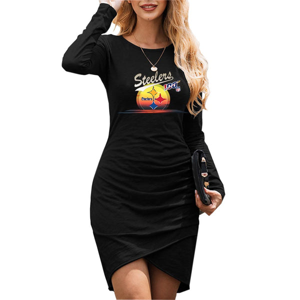 NFL 100 Steelers Dress|Pittsburgh Steelers Women's Dress Black|Mini Long Sleeve Fashion Dresses front