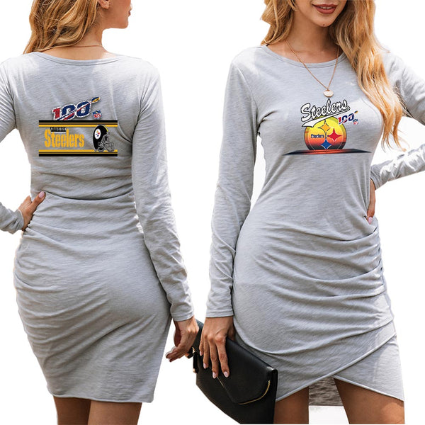NFL 100 Steelers Dress|Pittsburgh Steelers Women's Dress Gray|Mini Long Sleeve Fashion Dresses front and back