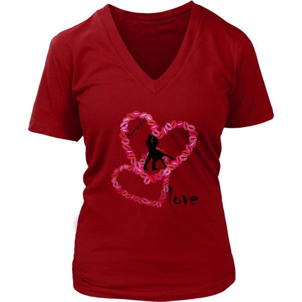 Kissing Lips Heart - Romantic Love District Womens V-Neck T-shirt (7 colors) - Red / S
