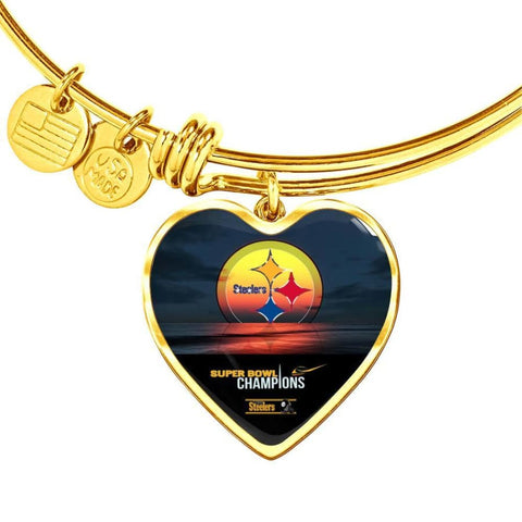 Luxury Pittsburgh Steelers Bracelet Handcrafted Can Be Engraved Any TEXT (Stainless/Gold) - Heart Pendant Gold Bangle / No