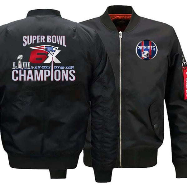 New England Patriots Ma-1 Bomber Jacket| 6x Super Bowl Varsity Jackets (3 Colors) - Black / XXL