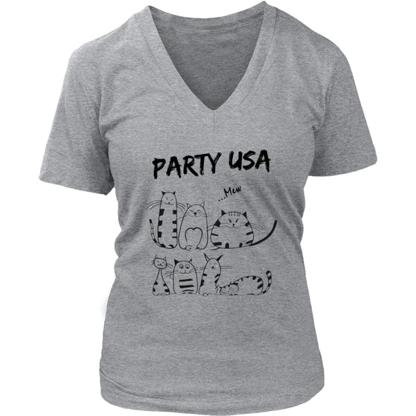 Party USA Cat Women V-Neck T-shirt (6 colors) - District Womens / Grey / S