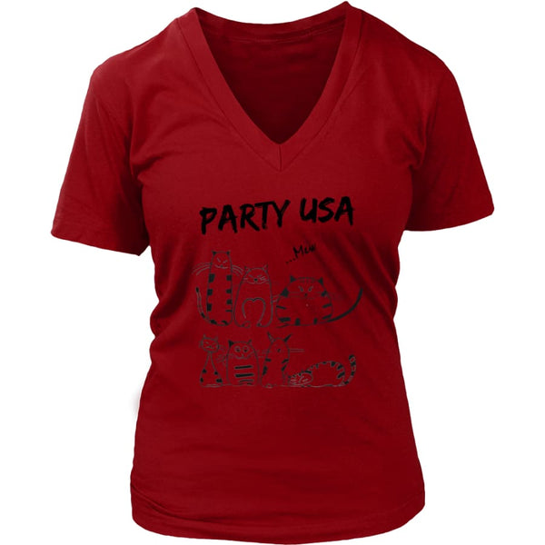 Party USA Cat Women V-Neck T-shirt (6 colors) - District Womens / Red / S