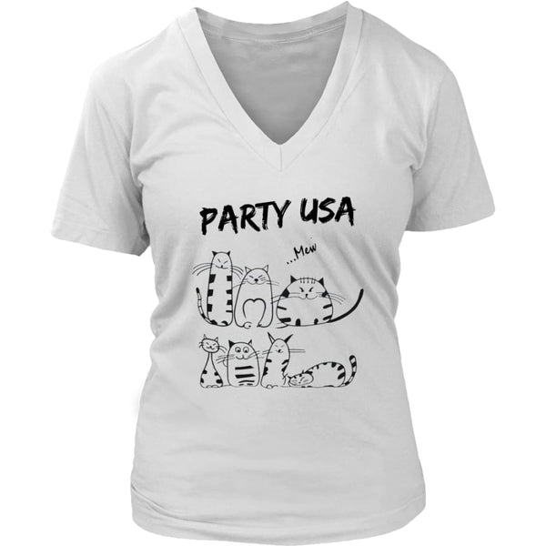 Party USA Cat Women V-Neck T-shirt (6 colors) - District Womens / White / S