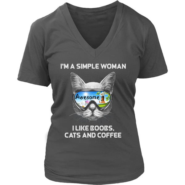 Simple Woman - Cute Cat Lover V-Neck T-shirt (8 colors) - District Womens / Charcoal / S