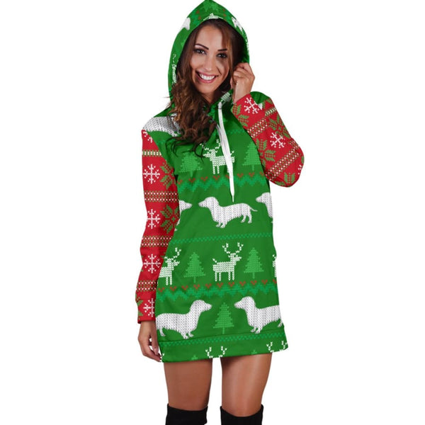 Ugly Christmas Sweater Hoodie Dress With Dachshunds