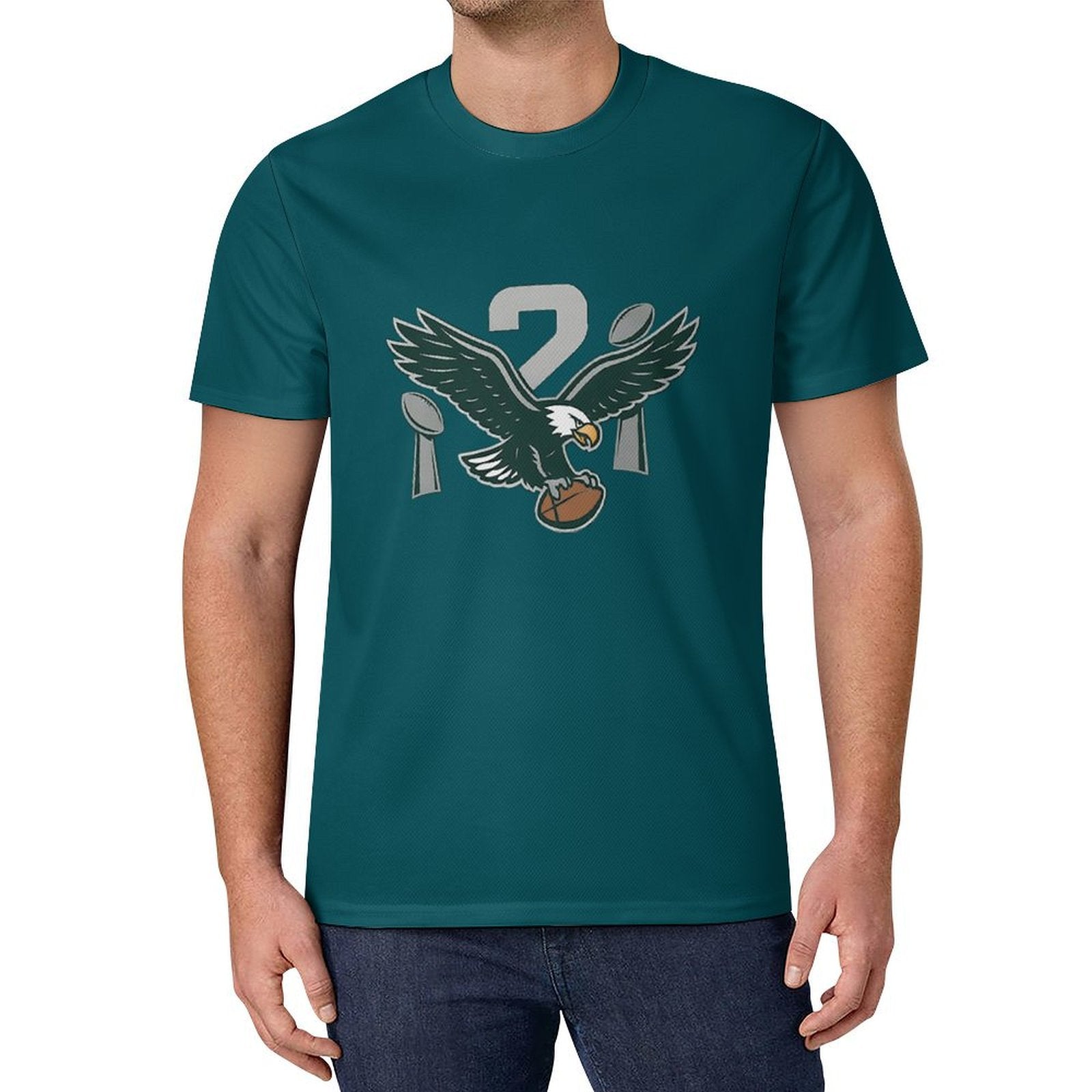 Eagles 2X Champions fan t-shirt in midnight green worn by male model, front view