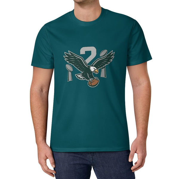 Eagles 2X Champions fan t-shirt in midnight green worn by male model, front view