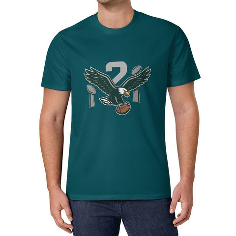 Eagles 2X Champions fan t-shirt in midnight green worn by male model, front view