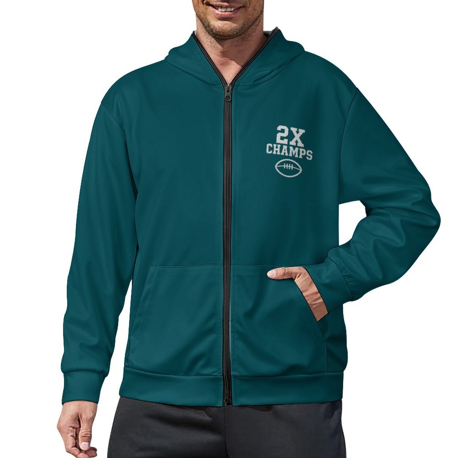 Eagles Fan 2X Champs Men’s Full-Zip Hoodie | Philadelphia Football Midnight Green Sweatshirt Model wear front view
