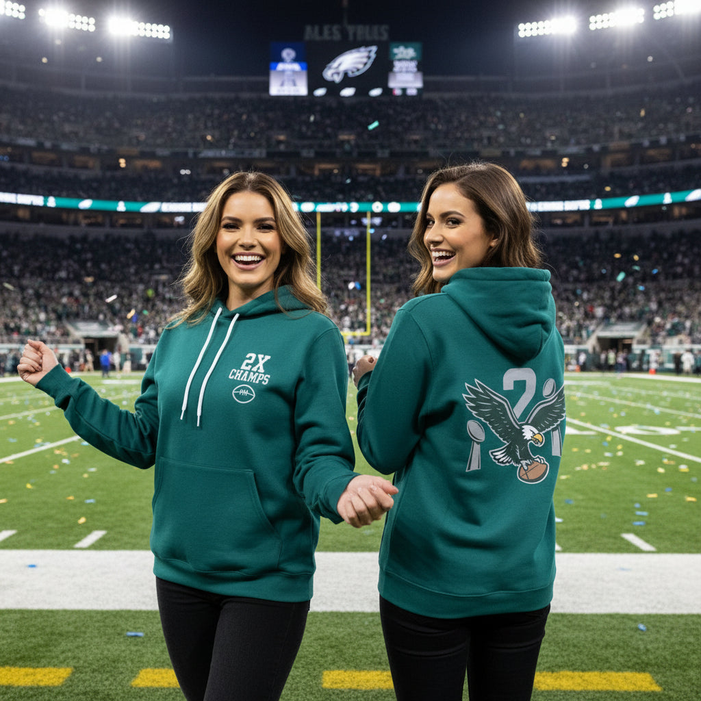 Eagles Fan 2X Champions Women’s Hoodie in midnight green front and back