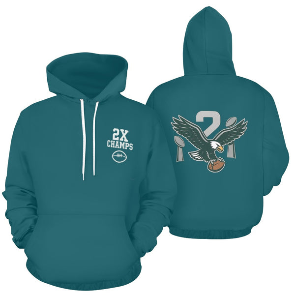 Eagles Fan 2X Champions Women’s Hoodie in midnight green front and back