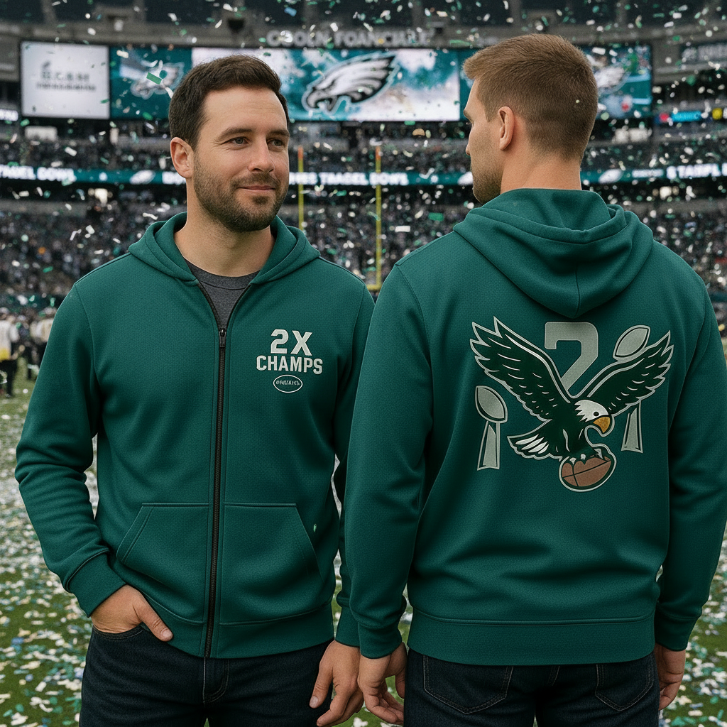 Two men wearing green hoodies with sports-themed designs in an outdoor stadium setting.