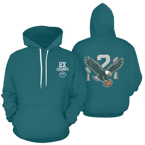 Eagles Fan 2X Champions Men’s Hoodie | Philadelphia Football Midnight Green Pullover Sweatshirt front and back