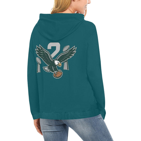Eagles Fan 2X Champions Women’s Hoodie in midnight green worn by female model, back view