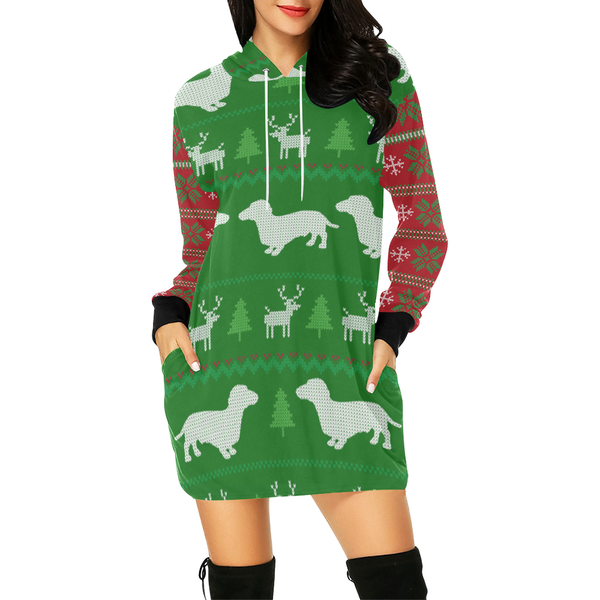Ugly Christmas Sweater Hoodie Dress With Dachshunds| Christmas Gift