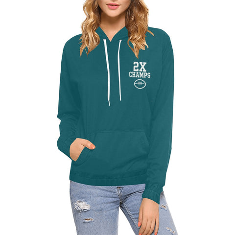Eagles Fan 2X Champions Women’s Hoodie in midnight green worn by female model, front view