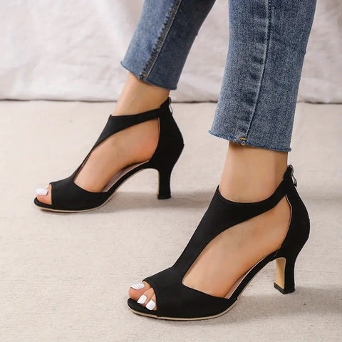 Women's Black Kitten Heeled Sandals| T-Strap Cutout Zipper Back Closure Shoes |Heels Open Toe Sandals