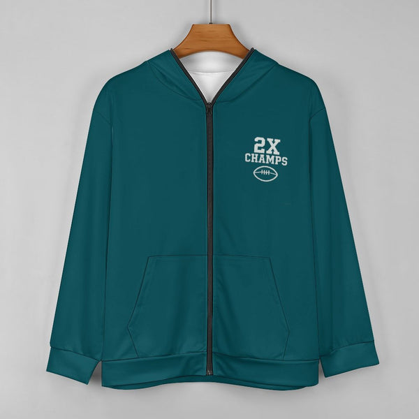 Eagles Fan 2X Champs Men’s Full-Zip Hoodie | Philadelphia Football Midnight Green Sweatshirt front view