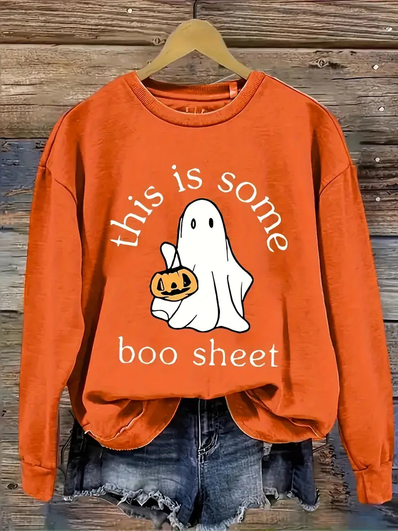 Halloween Ghost Print Sweatshirt| Womens Casual Long Sleeve Crew Neck Sweatshirts