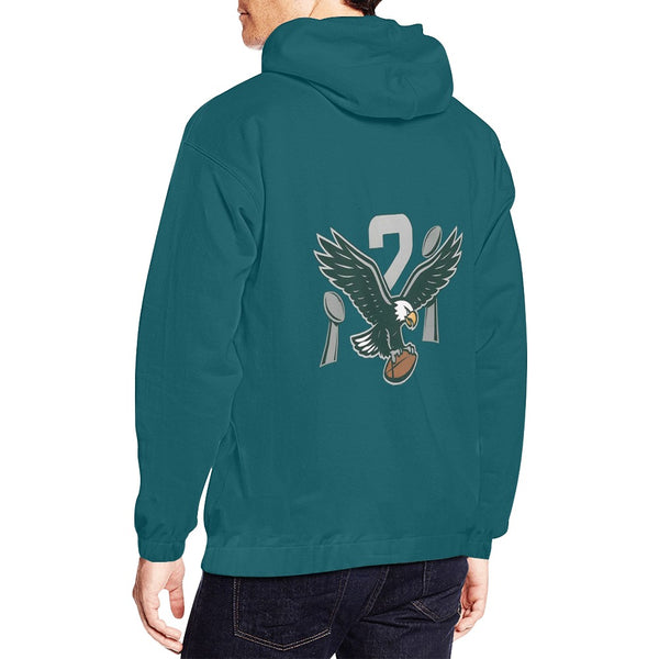 Eagles Fan 2X Champions Men’s Hoodie | Philadelphia Football Midnight Green Pullover Sweatshirt model wear back view