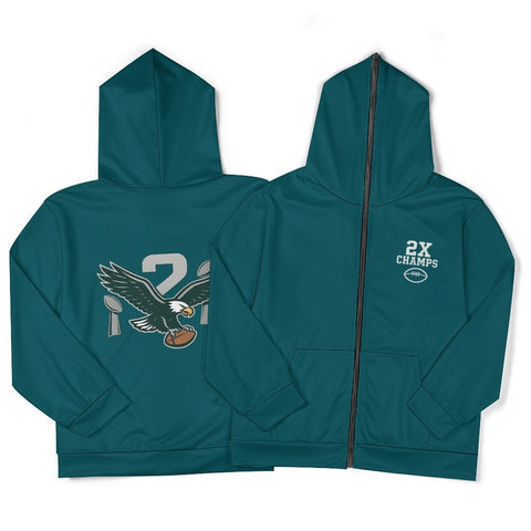 Eagles Fan 2X Champs Men’s Full-Zip Hoodie | Philadelphia Football Midnight Green Sweatshirt front and back