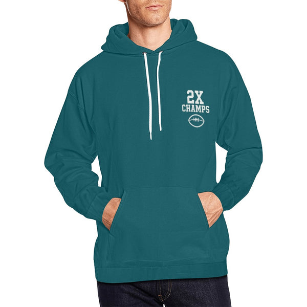 Eagles Fan 2X Champions Men’s Hoodie | Philadelphia Football Midnight Green Pullover Sweatshirt model wear front view