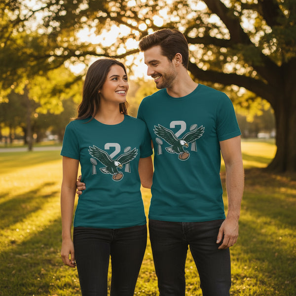 Eagles 2X Champs tshirts couple model wear