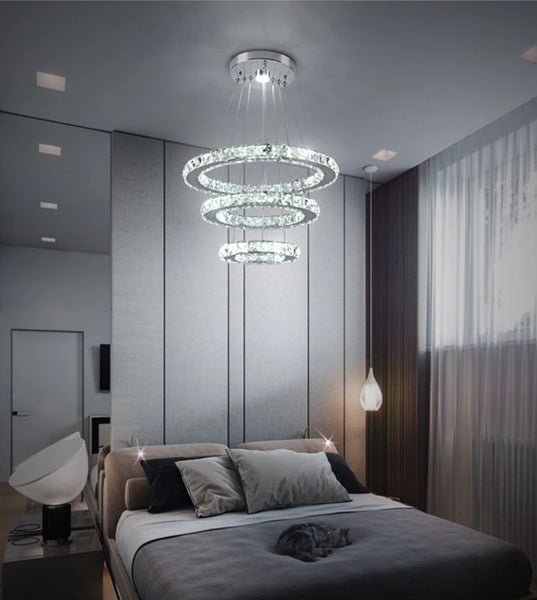 Stunning Modern Crystal LED Chandelier with 3 Rings Cold White| Ceiling Adjustable Stainless Steel Pendant Fixture For Bedroom/Living Room/Dining Room By Eagles|Patriots|Steeelrs Gear