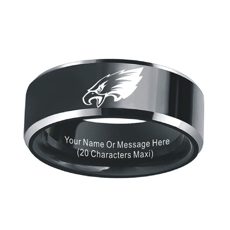NFL Eagles Ring Laser-etched Black Titanium Steel| MyNameRing Personalized Name Ring| Wedding Band Ring