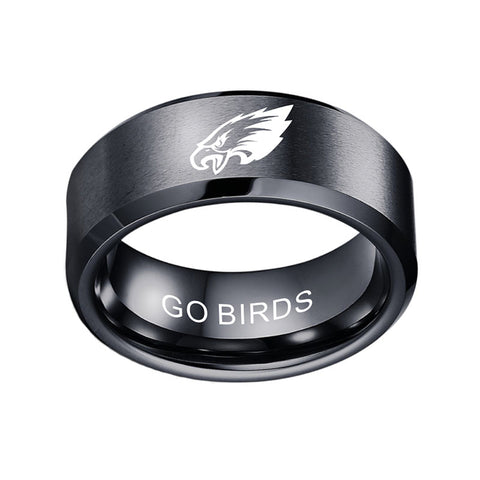 Eagles Ring "Go Birds"| NFL Philadelphia Eagles Ring Laser-etched 8mm Black Titanium Steel Custom Eagles Wedding Band Ring