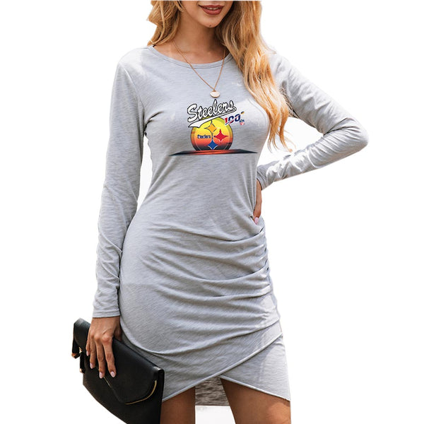 NFL 100 Steelers Dress|Pittsburgh Steelers Women's Dress Gray|Mini Long Sleeve Fashion Dresses front