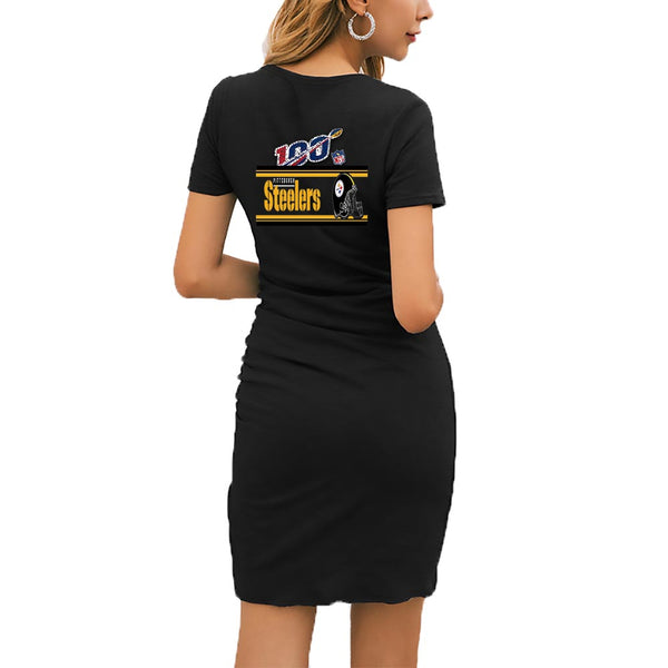 NFL 100 Steelers Dress|Pittsburgh Steelers Women's Dress Black|Mini Short Sleeve Fashion Dresses Black Back