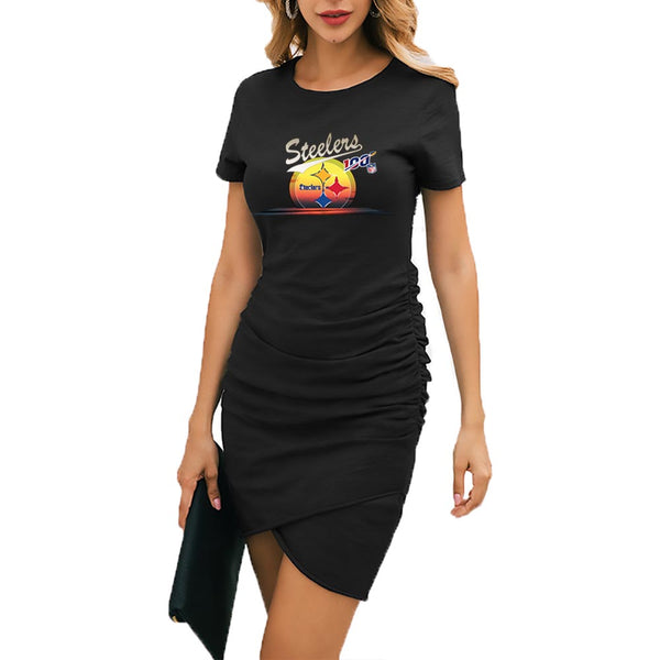 NFL 100 Steelers Dress|Pittsburgh Steelers Women's Dress Black|Mini Short Sleeve Fashion Dresses Black Front