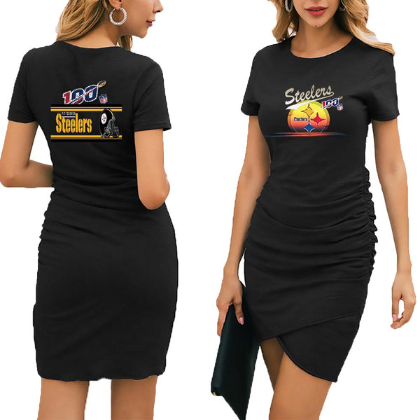 NFL 100 Steelers Dress|Pittsburgh Steelers Women's Dress Black|Mini Short Sleeve Fashion Dresses Black Front and back