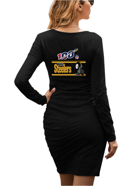 NFL 100 Steelers Dress|Pittsburgh Steelers Women's Dress Black|Mini Long Sleeve Fashion Dresses back