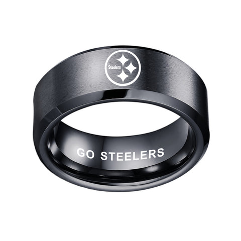 steelers Fan Ring "Go Steelers"| nfl Pittsburgh Fan Ring| Laser-etched 8mm Black Titanium Steel Custom steelers Fan Wedding Band Ring