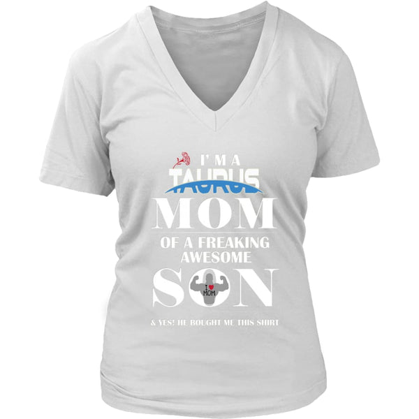 I Am A Taurus Mom - Perfect Mothers Day Gift Womens V-Neck T-Shirt (8 colors) - District / White / S