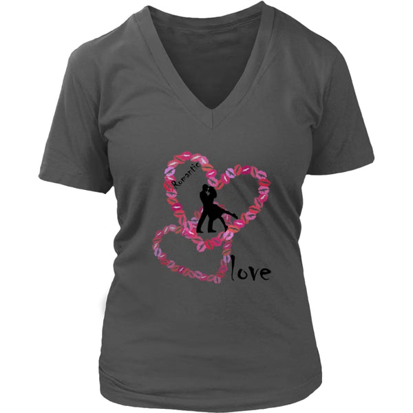 Kissing Lips Heart - Romantic Love District Womens V-Neck T-shirt (7 colors) - Charcoal / S