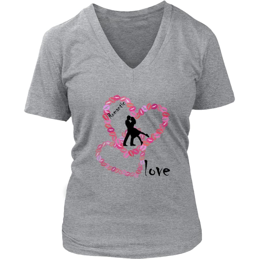 Kissing Lips Heart - Romantic Love District Womens V-Neck T-shirt (7 colors) - Heathered Nickel / S