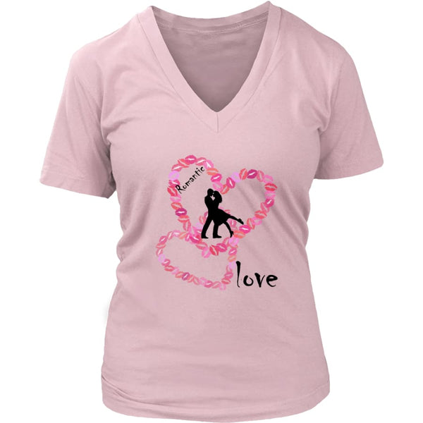 Kissing Lips Heart - Romantic Love District Womens V-Neck T-shirt (7 colors) - Pink / S