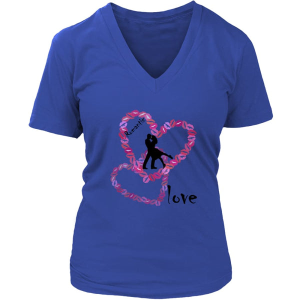Kissing Lips Heart - Romantic Love District Womens V-Neck T-shirt (7 colors) - Royal Blue / S
