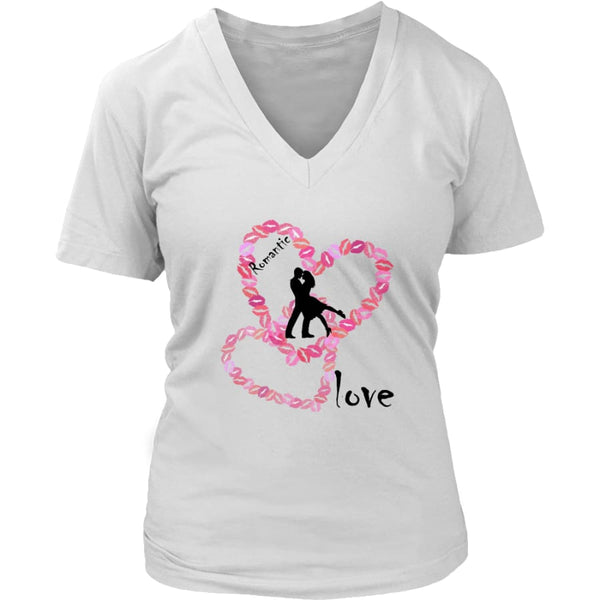 Kissing Lips Heart - Romantic Love District Womens V-Neck T-shirt (7 colors) - White / S