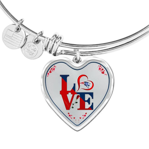 Luxury Love New England Patriots Bracelet Handcrafted Can Be Engraved Any TEXT (Stainless/Gold) - Heart Pendant Silver Bangle / No