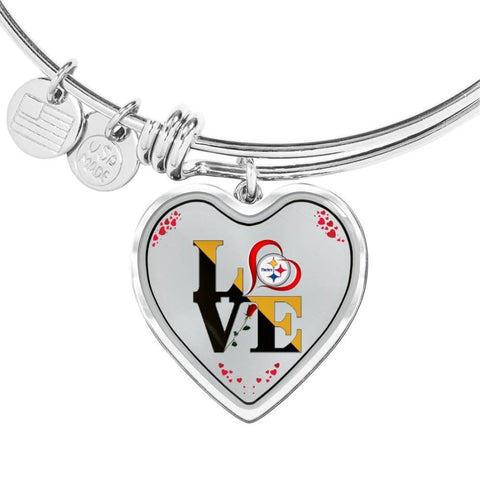 Luxury Love Pittsburgh Steelers Bracelet Handcrafted Can Be Engraved Any TEXT (Stainless/Gold) - Heart Pendant Silver Bangle / No