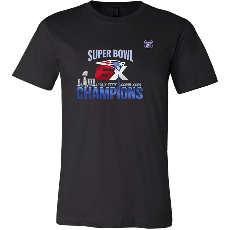 New England Patriots Shirt | Super Bowl 6X Champs T Shirts Black - Canvas Mens Womens / Front