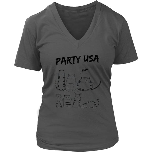 Party USA Cat Women V-Neck T-shirt (6 colors) - District Womens / Charcoal / S