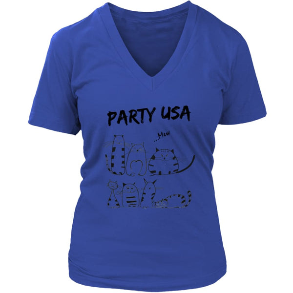 Party USA Cat Women V-Neck T-shirt (6 colors) - District Womens / Royal Blue / S
