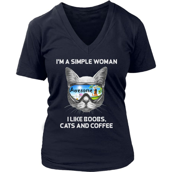 Simple Woman - Cute Cat Lover V-Neck T-shirt (8 colors) - District Womens / Navy / S